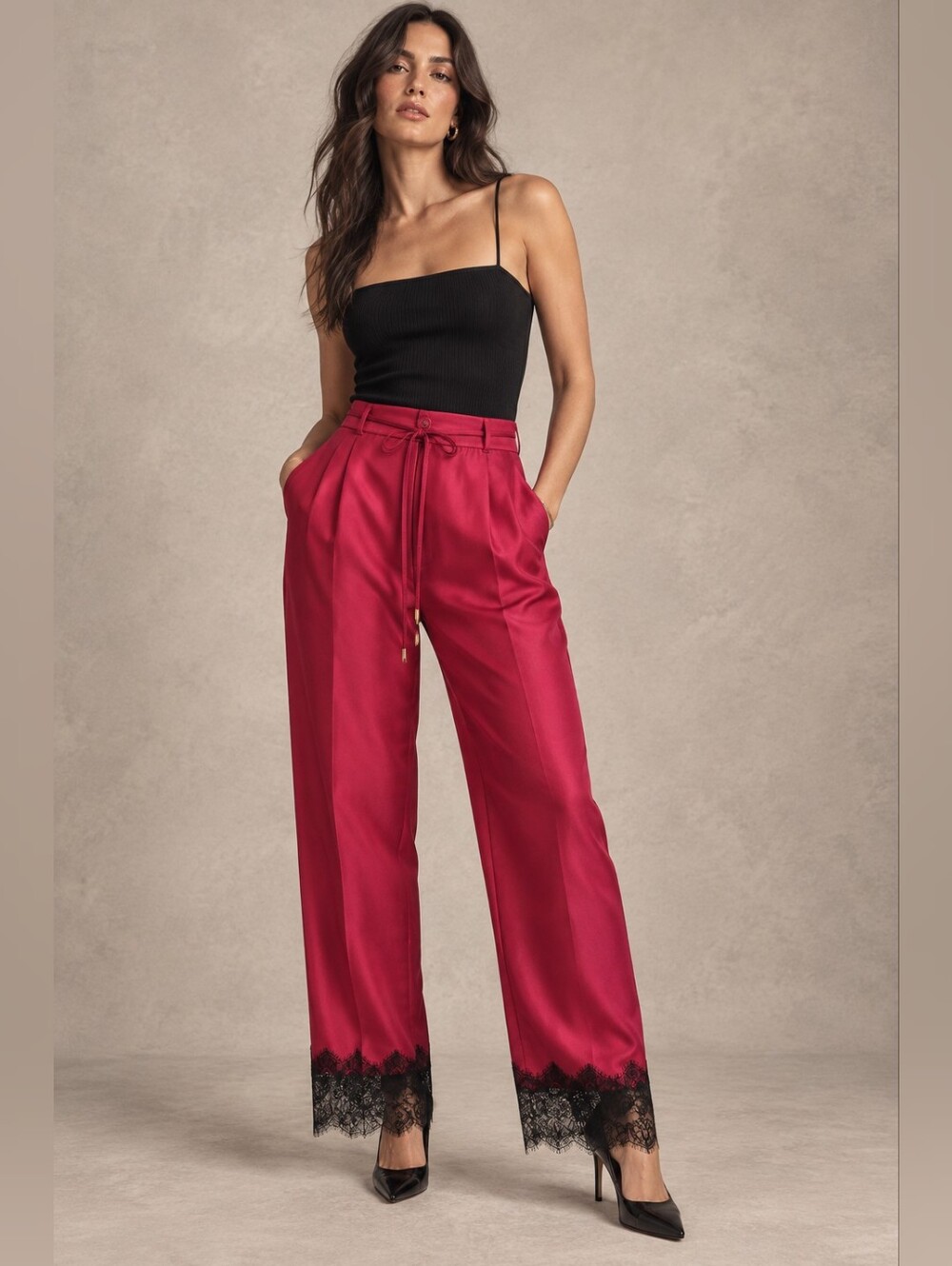 Silk Pants with Scalloped Black Lace Hem – 100% Silk Trousers Size 8